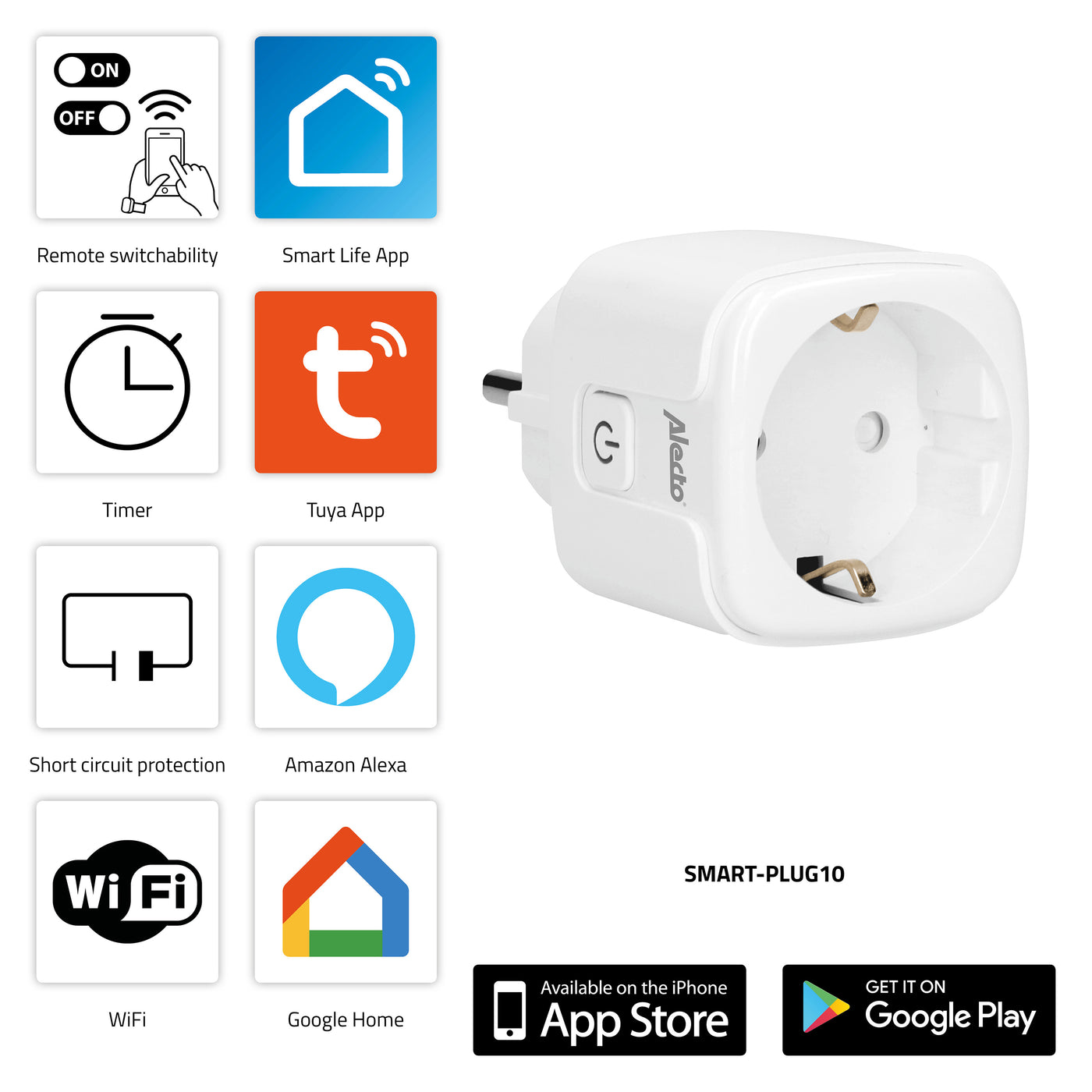 Alecto SMART-PLUG10 - Smart wifi tussenstekker, 16A, 3680W, 2 pack, wit