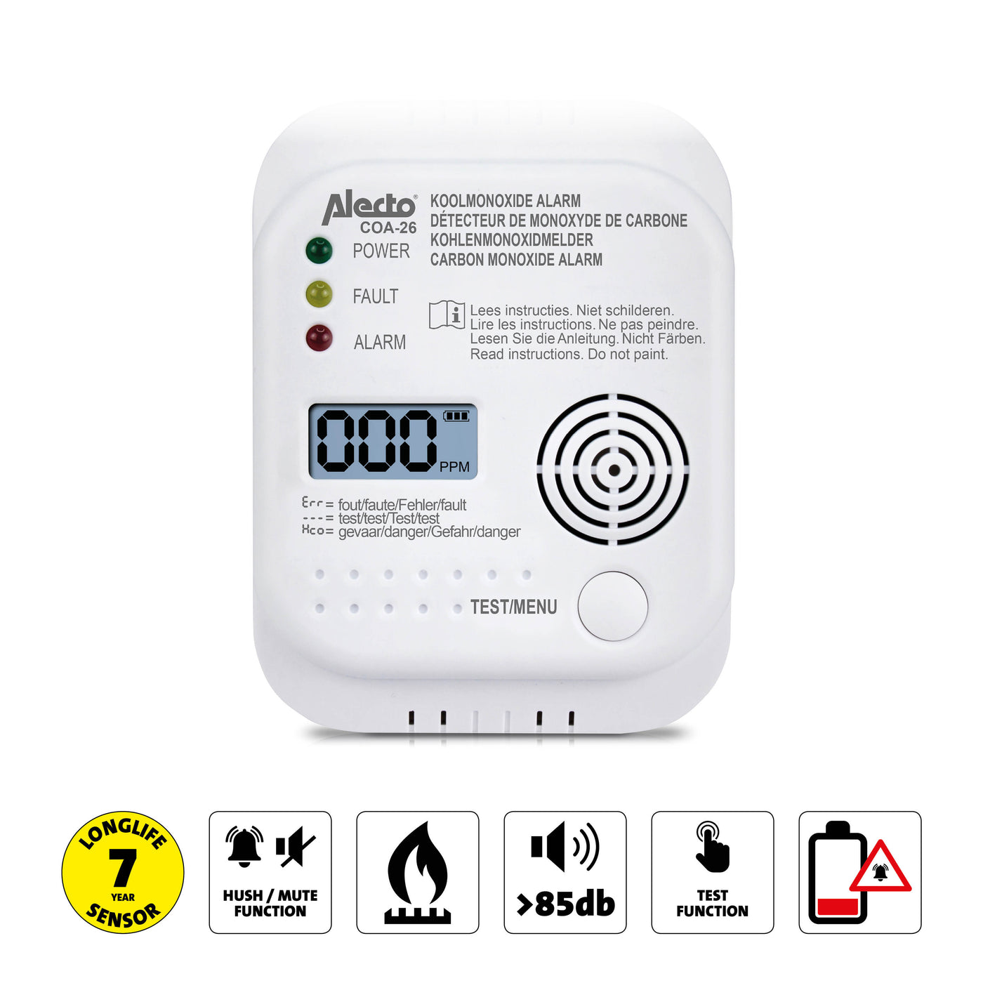 Alecto COA-26 - Koolmonoxidemelder met 7 jaar sensor, wit