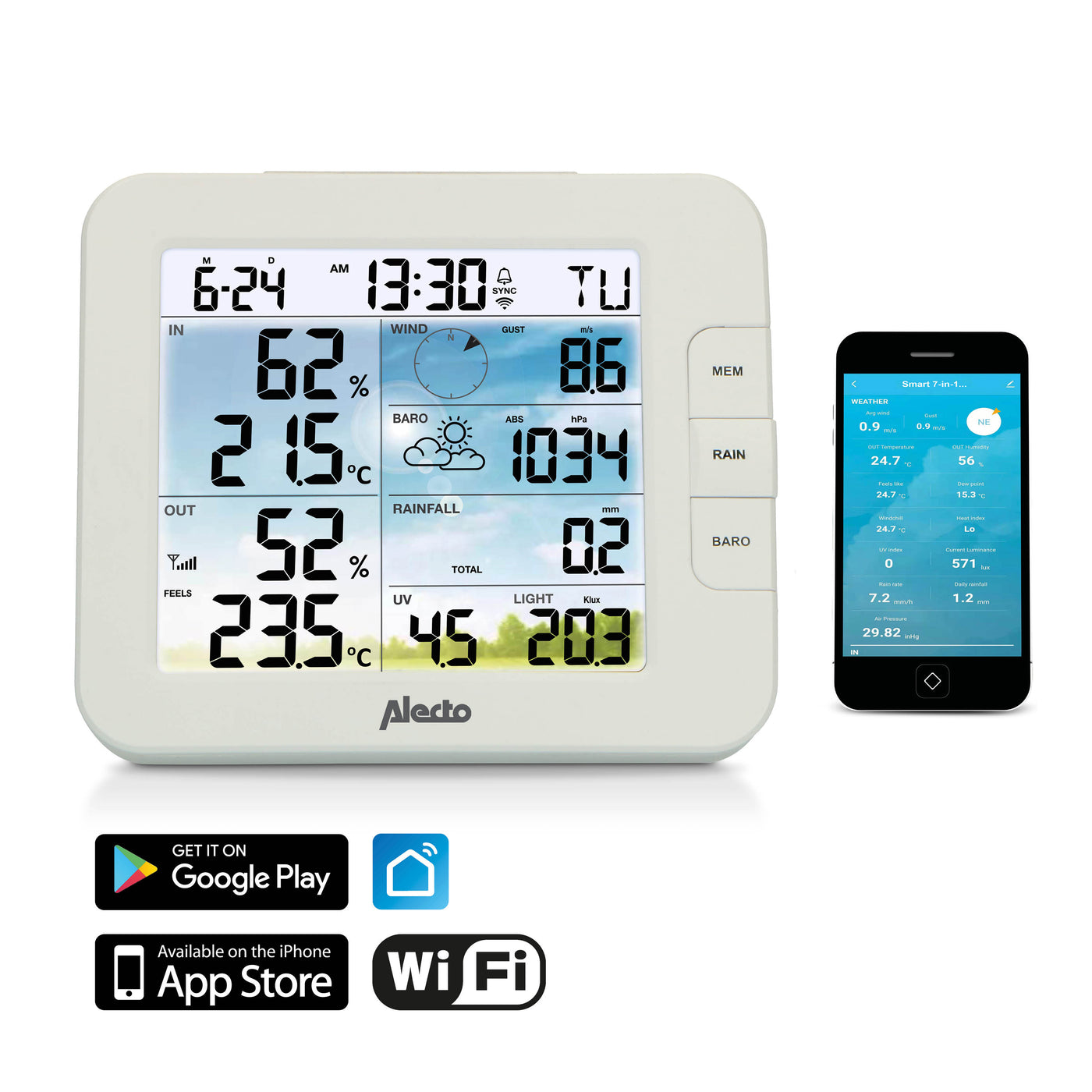Alecto WS5400 - Professioneel 8 in 1 wifi weerstation met app en draadloze buitensensor, wit