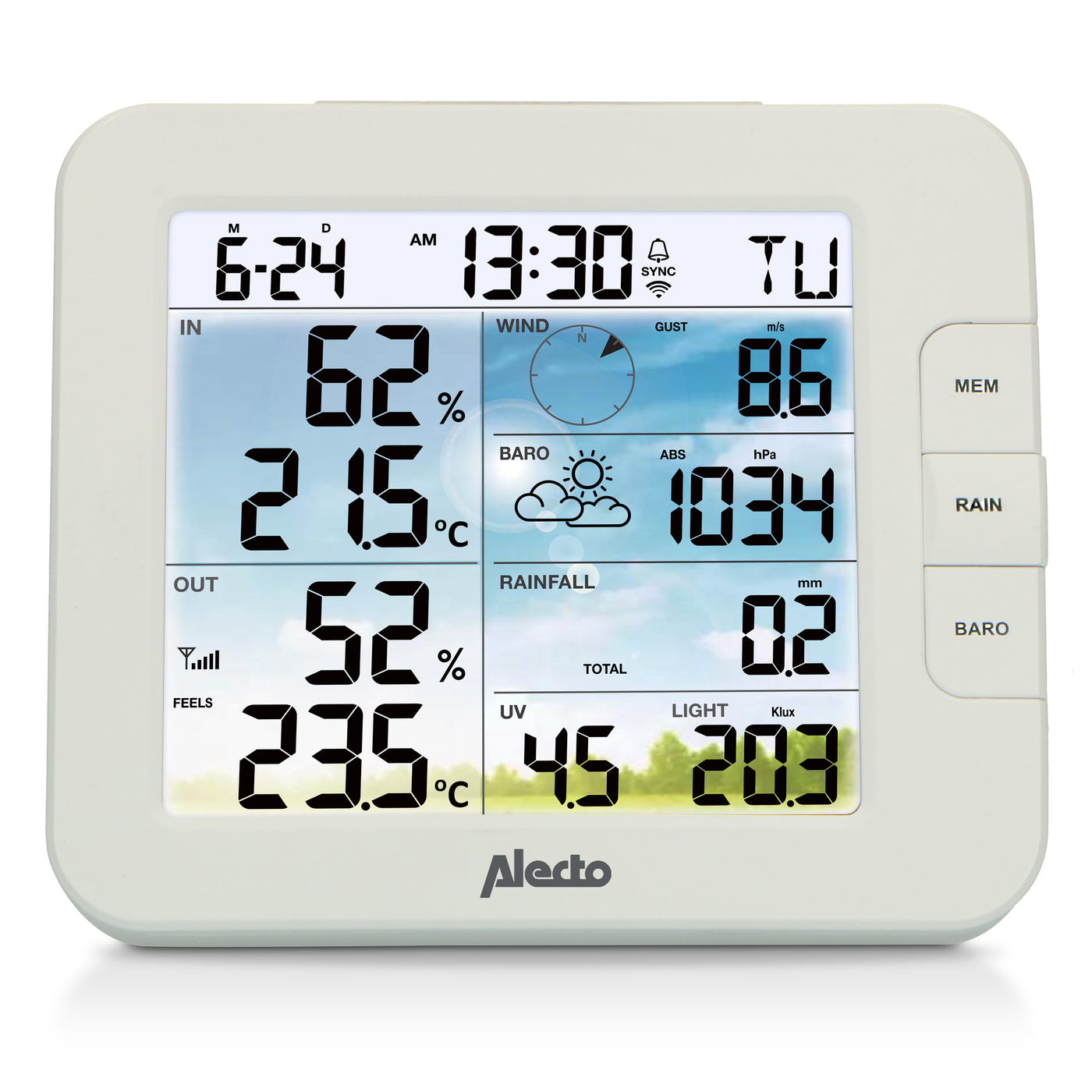 Alecto WS5400 - Professioneel 8 in 1 wifi weerstation met app en draadloze buitensensor, wit