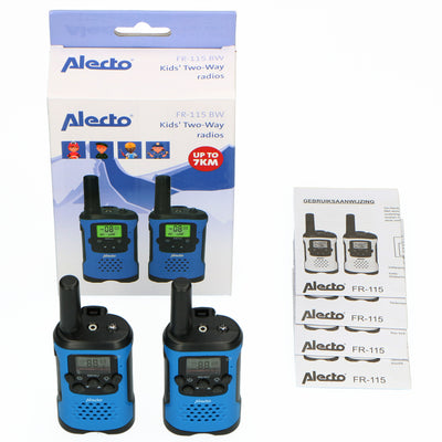 Alecto FR-115BW - Set van twee walkie talkies voor kinderen, tot 7 kilometer bereik - blauw/zwart