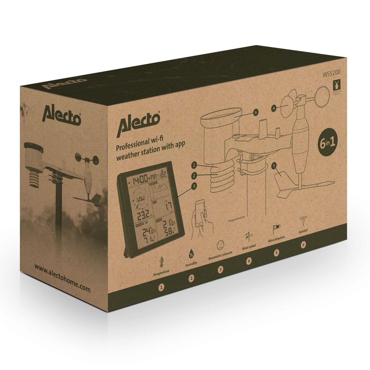 Alecto WS5200 - Professioneel 6 in 1 wifi weerstation met app en draadloze buitensensor, zwart