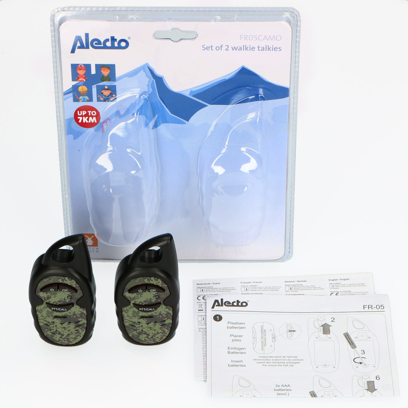 Alecto FR-05CAMO - Set van twee walkie talkies voor kinderen, tot 3 kilometer bereik, camouflage
