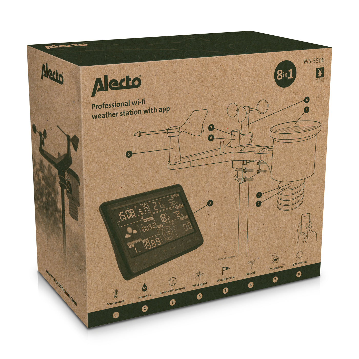 Alecto WS-5500 - Professioneel 8 in 1 wifi weerstation met app en draadloze buitensensor, zwart
