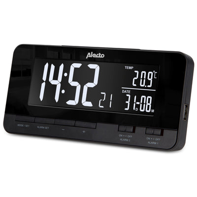 Alecto AK-60 - Digitale wekker met temperatuurwaargave en 2 USB aansluitingen, zwart